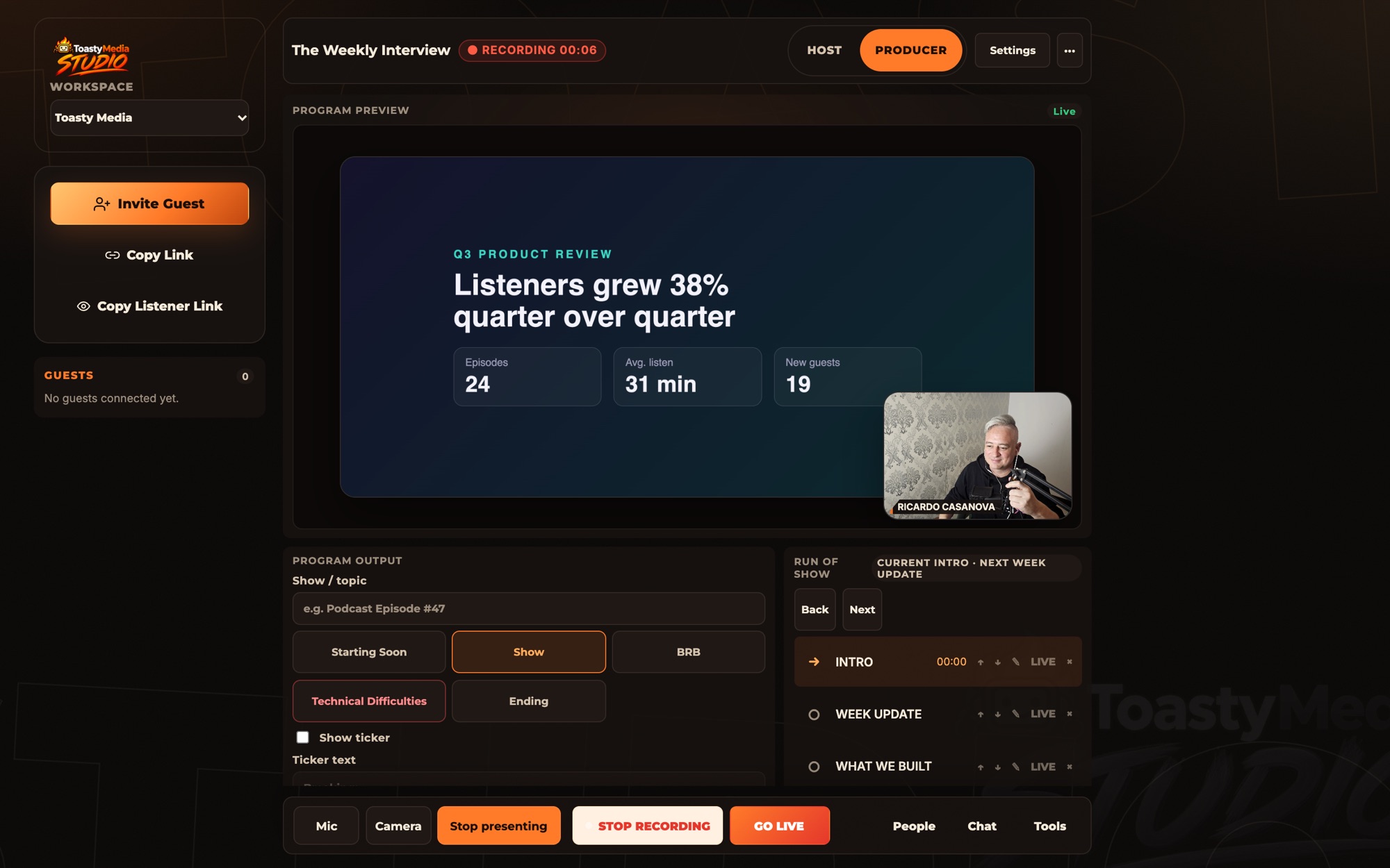 The Toasty Studio producer view with the program preview, run of show and the control bar